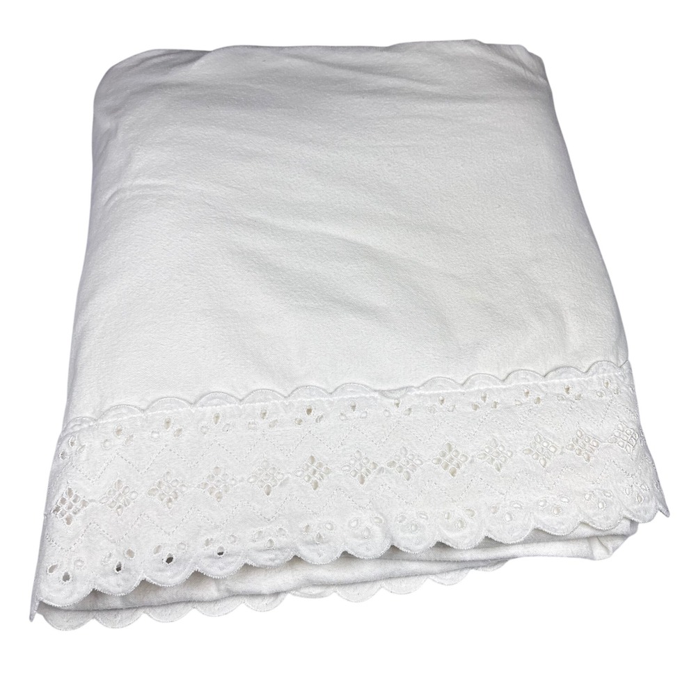 Cottagecore Shabby Chic Flat Sheet White Eyelet Lace Cotton Flannel KING